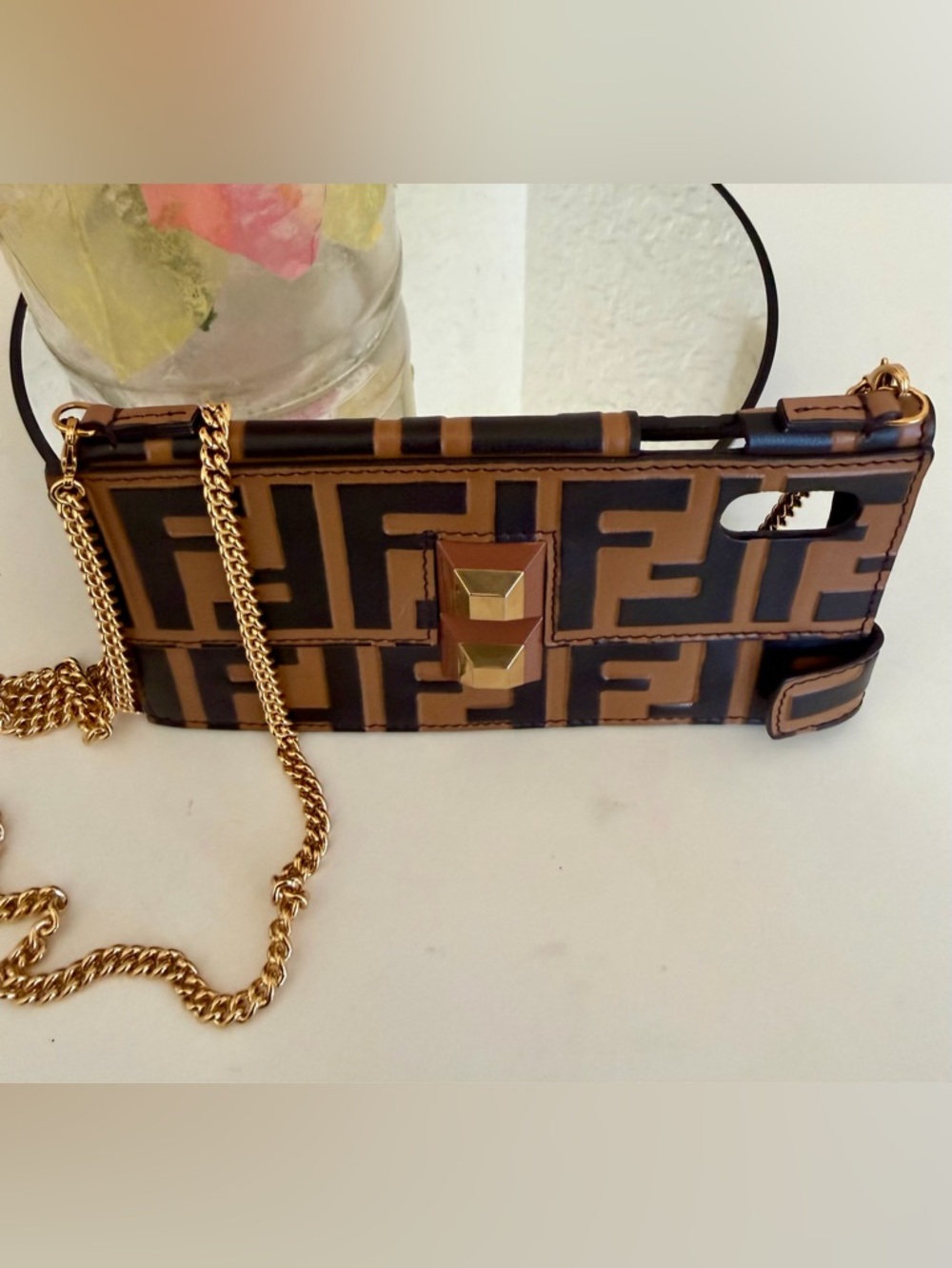 Fendi Brown Black Zucca Leather Bag  iPhone Case Bag Gold Strap X/XS & More - Picture 11 of 15